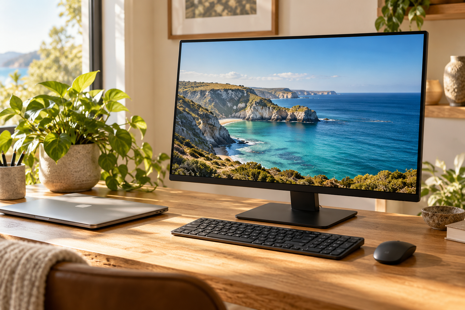 A desktop computer and laptop on a tidy home desk